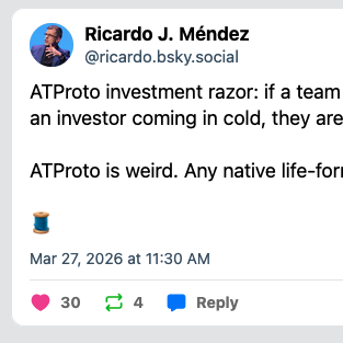 ATProto investment razor: if a team can easily explain their project to an investor coming in cold, they are not building something native. ATProto is weird. Any native life-form will look weird to an outsider. 🧵