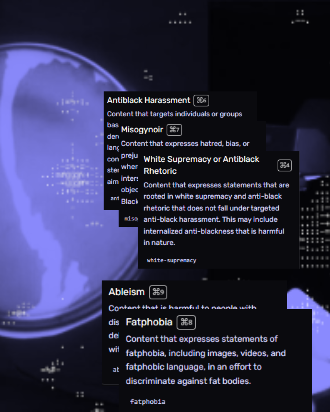 Photo of the different Blacksky moderation labels stacked on top of eachother.